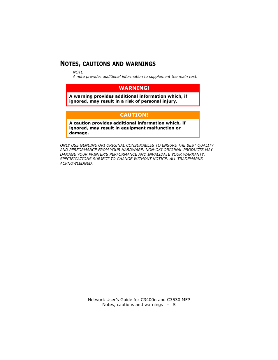 Notes, cautions and warnings | Oki C3400 User Manual | Page 5 / 35