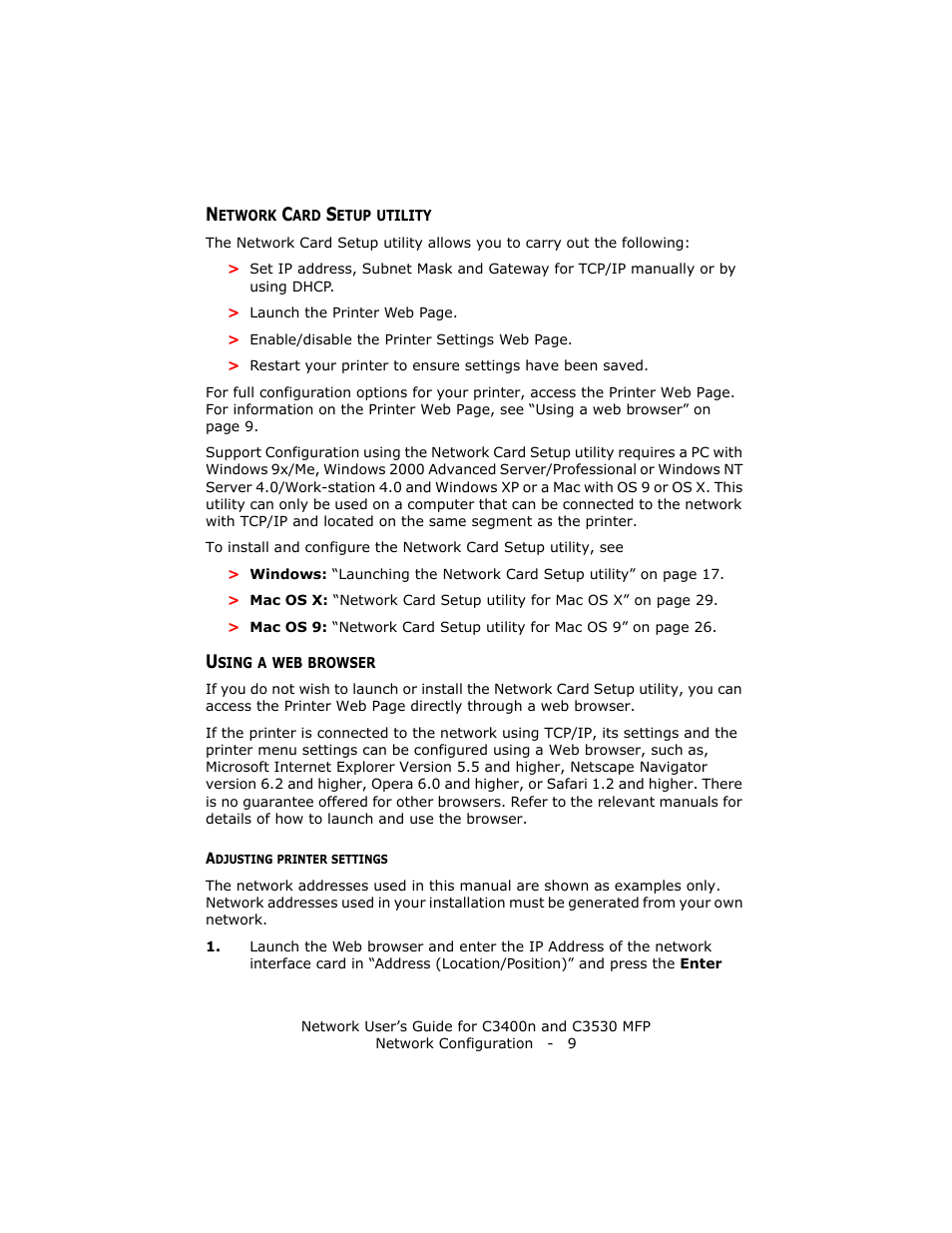 Network card setup utility, Using a web browser, Adjusting printer settings | Network card setup utility using a web browser | Oki C3400 User Manual | Page 9 / 35