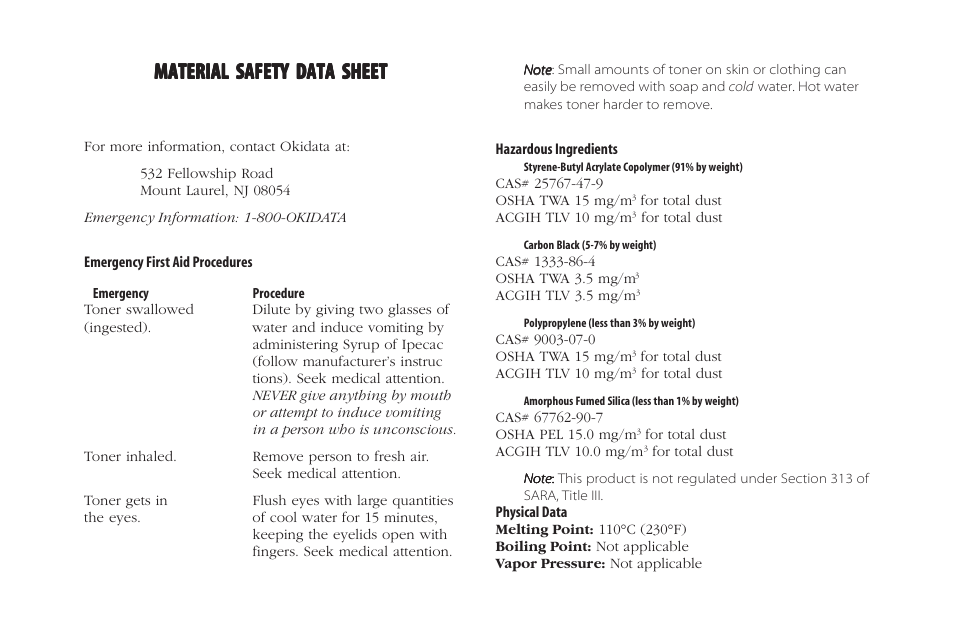 Material safety data sheet | Oki 5300 Plus User Manual | Page 106 / 109