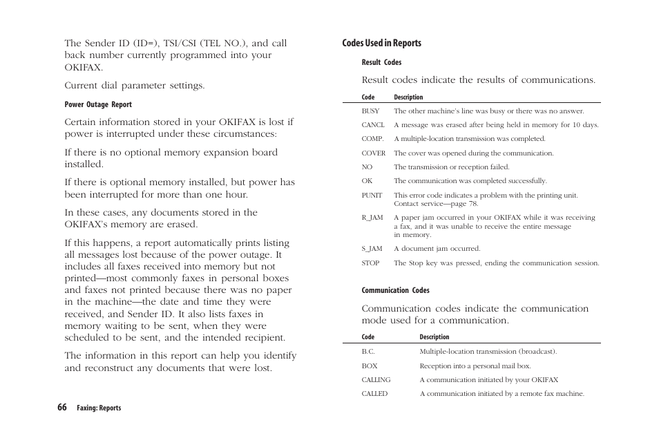 Codes used in reports | Oki 5300 Plus User Manual | Page 79 / 109