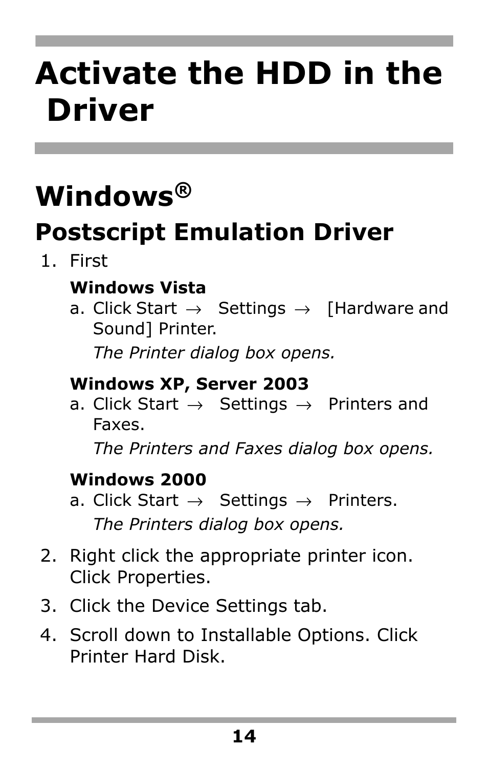 Activate the hdd in the driver, Windows, Postscript emulation driver | Oki Hard Disk Drive User Manual | Page 14 / 16