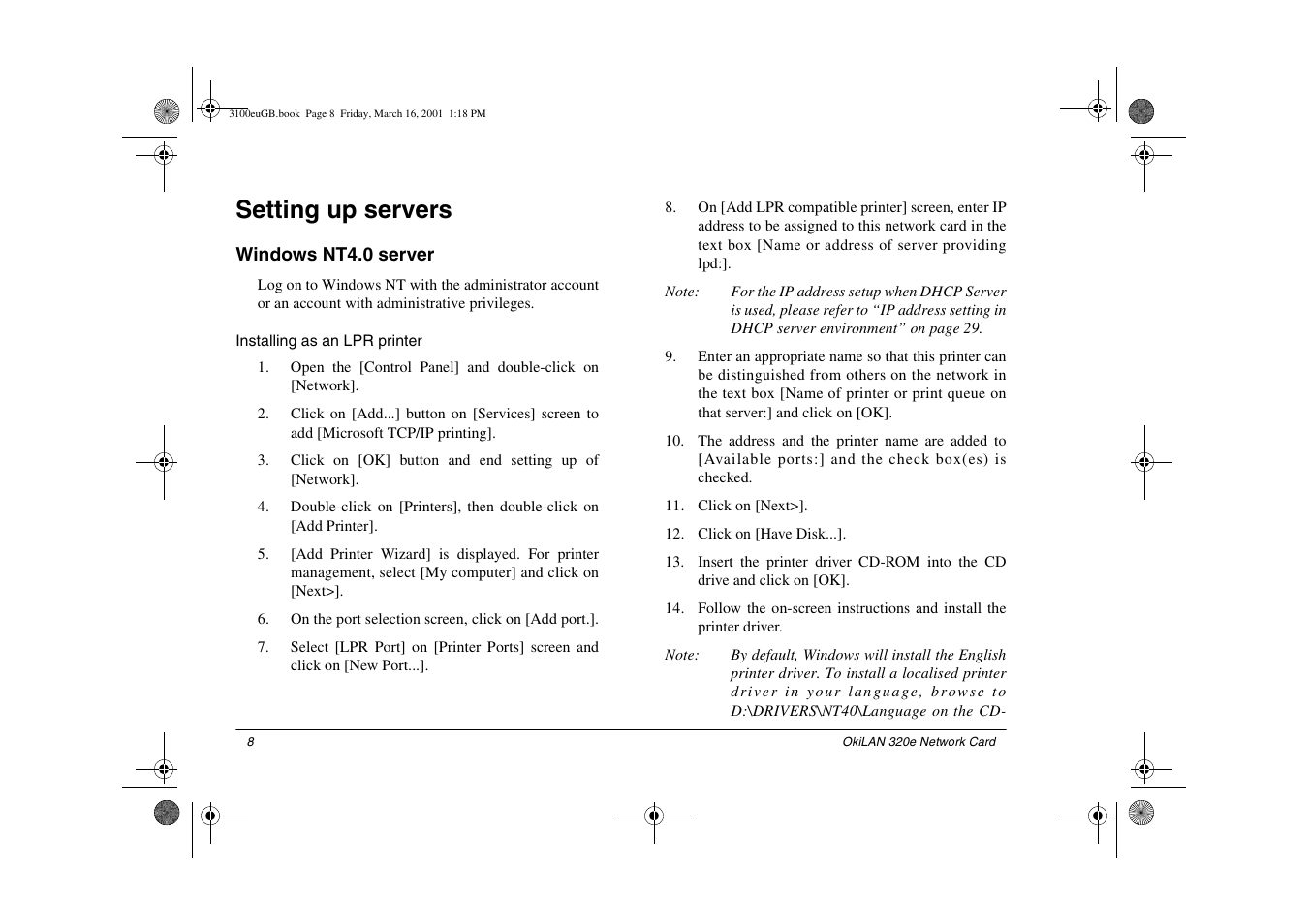 Setting up servers, Windows nt4.0 server, Installing as an lpr printer | Oki 3100e User Manual | Page 14 / 104