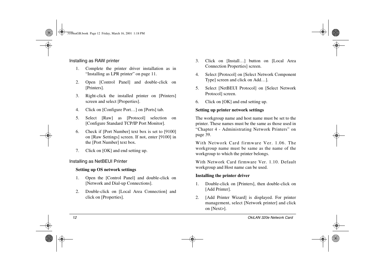 Installing as raw printer, Installing as netbeui printer | Oki 3100e User Manual | Page 18 / 104