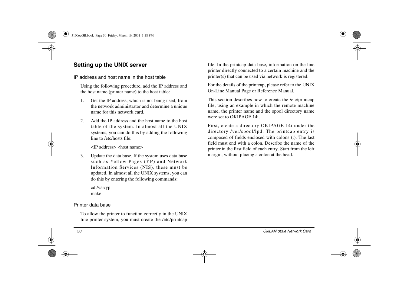 Setting up the unix server, Ip address and host name in the host table, Printer data base | Oki 3100e User Manual | Page 36 / 104