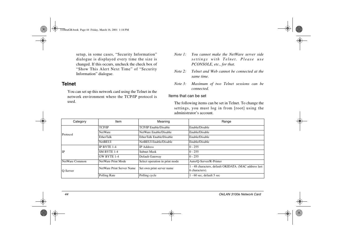 Telnet, Items that can be set | Oki 3100e User Manual | Page 50 / 104