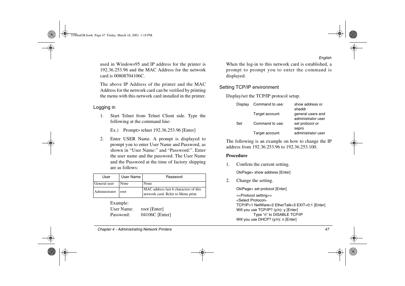 Logging in, Setting tcp/ip environment, Logging in setting tcp/ip environment | Oki 3100e User Manual | Page 53 / 104