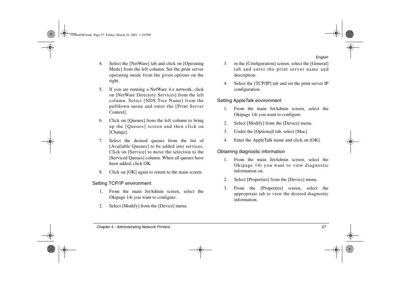 Setting tcp/ip environment, Setting appletalk environment, Obtaining diagnostic information | Oki 3100e User Manual | Page 63 / 104