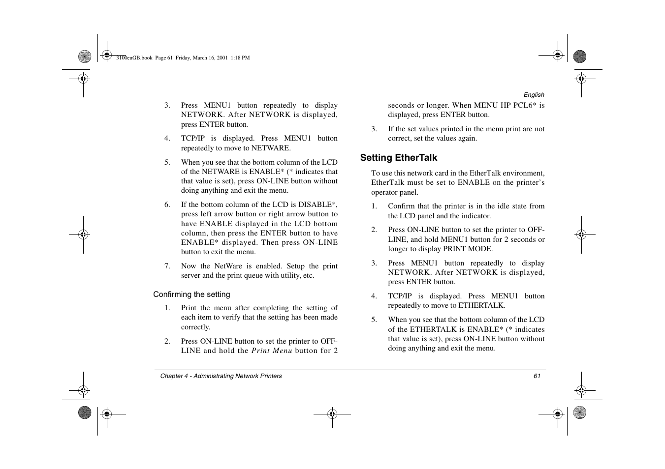 Confirming the setting, Setting ethertalk | Oki 3100e User Manual | Page 67 / 104