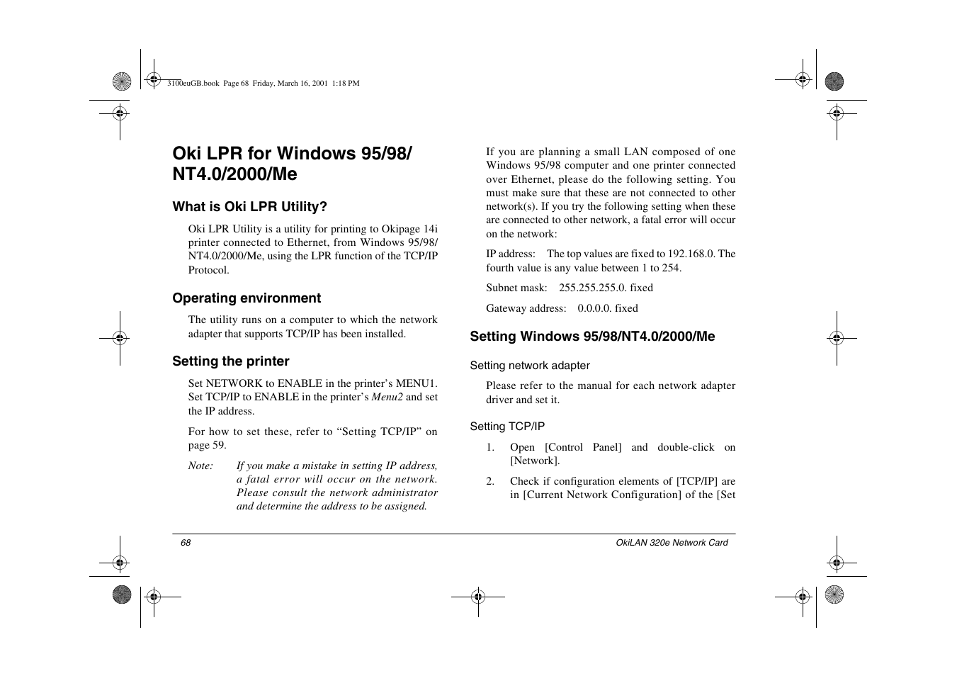 Oki lpr for windows 95/98/ nt4.0/2000/me, What is oki lpr utility, Operating environment | Setting the printer, Setting windows 95/98/nt4.0/2000/me, Setting network adapter, Setting tcp/ip, Oki lpr for windows 95/98/nt4.0/2000/me, Setting network adapter setting tcp/ip | Oki 3100e User Manual | Page 74 / 104