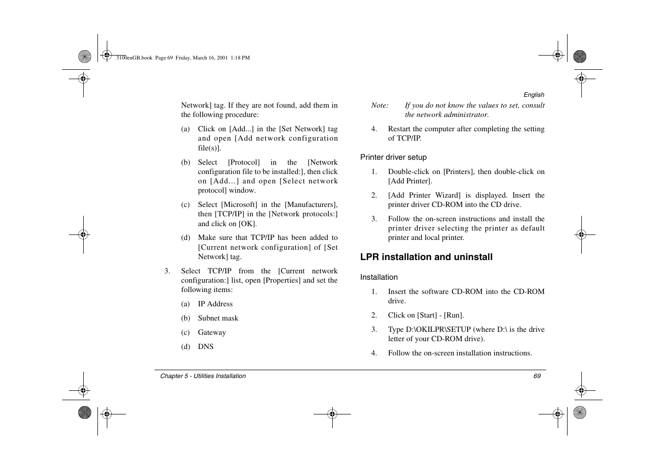 Printer driver setup, Lpr installation and uninstall, Installation | Oki 3100e User Manual | Page 75 / 104