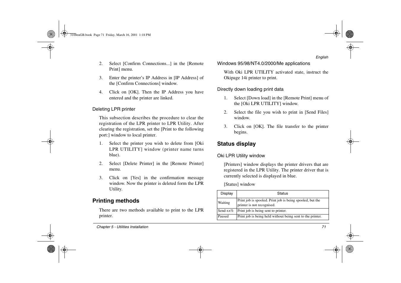 Deleting lpr printer, Printing methods, Windows 95/98/nt4.0/2000/me applications | Directly down loading print data, Status display, Oki lpr utility window | Oki 3100e User Manual | Page 77 / 104