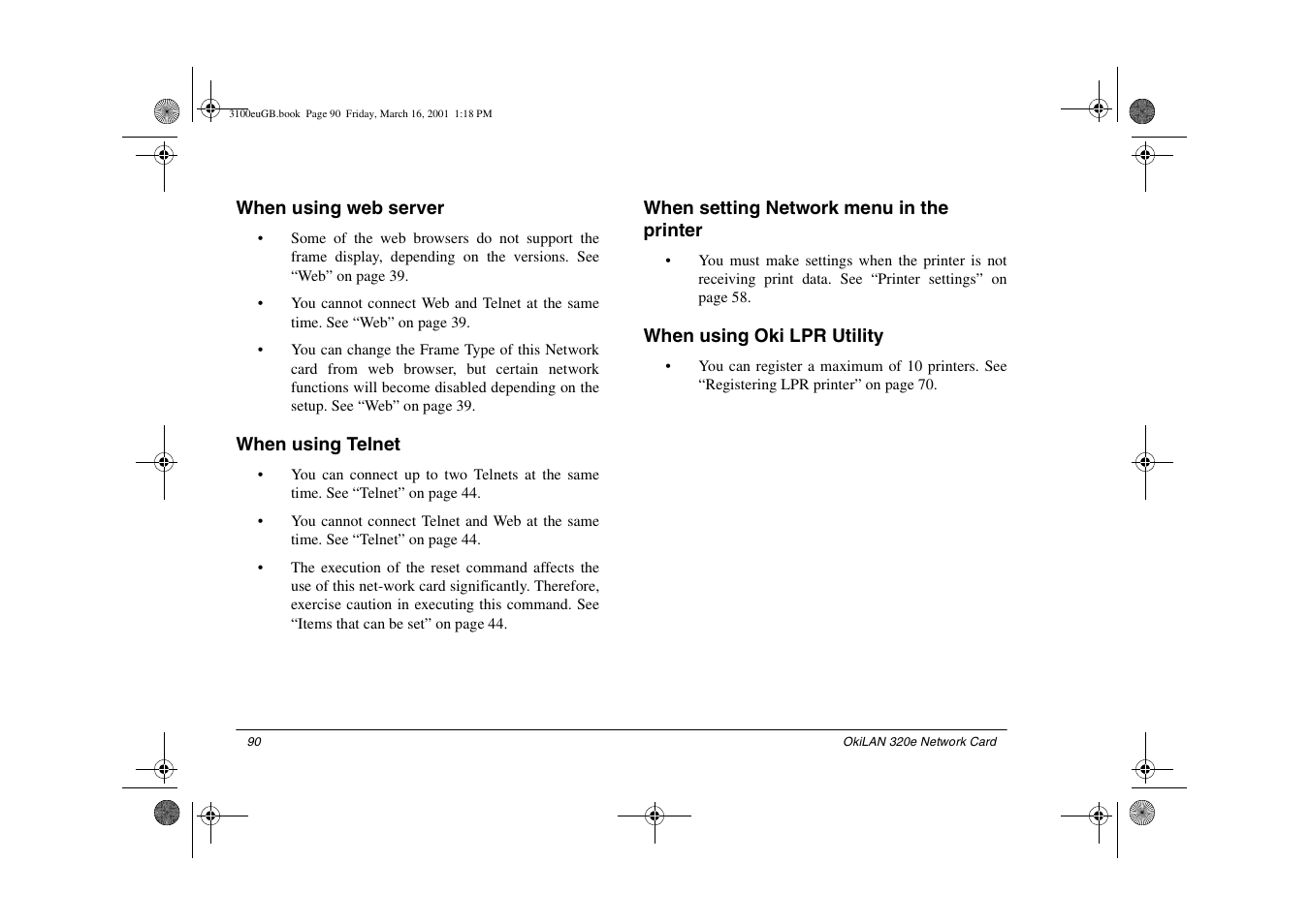 When using web server, When using telnet, When setting network menu in the printer | When using oki lpr utility | Oki 3100e User Manual | Page 96 / 104