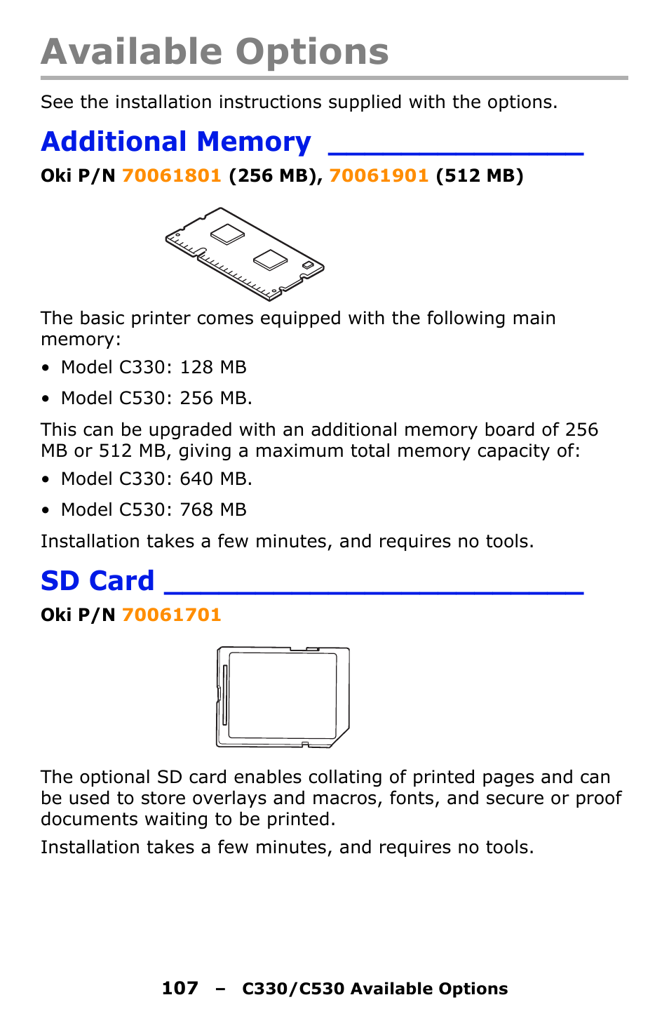 Available options, Additional memory, Sd card | Oki C330 User Manual | Page 107 / 135