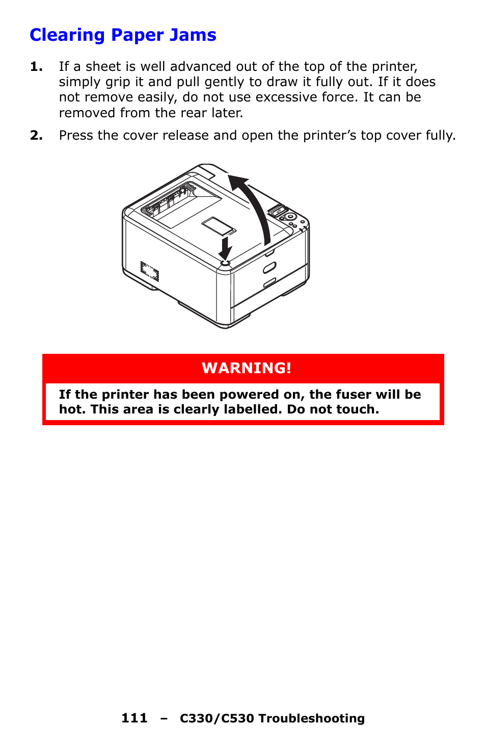 Clearing paper jams | Oki C330 User Manual | Page 111 / 135