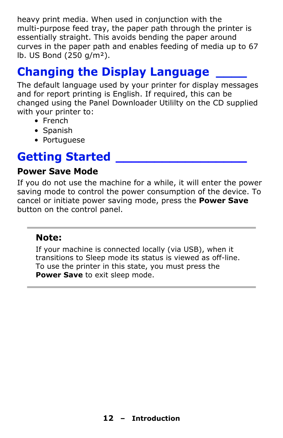 Changing the display language, Getting started, Power save mode | Oki C330 User Manual | Page 12 / 135