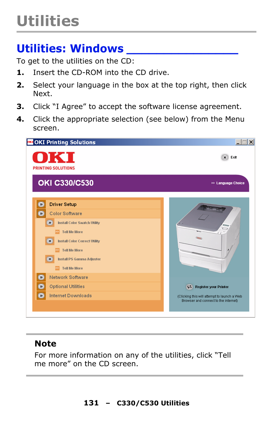 Utilities, Utilities: windows | Oki C330 User Manual | Page 131 / 135