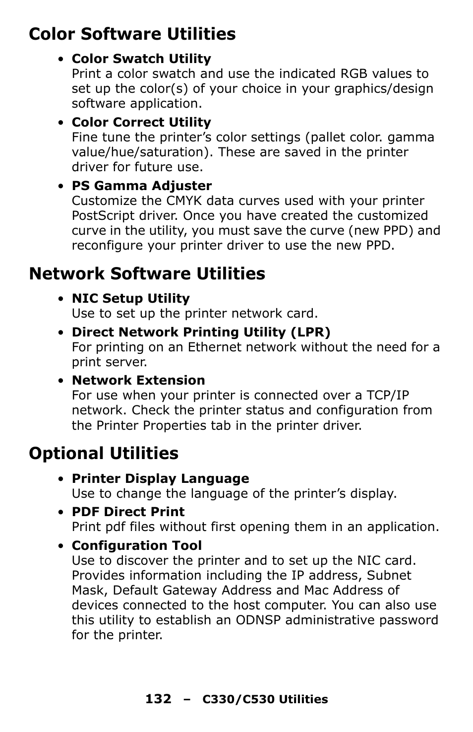 Color software utilities, Network software utilities, Optional utilities | Oki C330 User Manual | Page 132 / 135