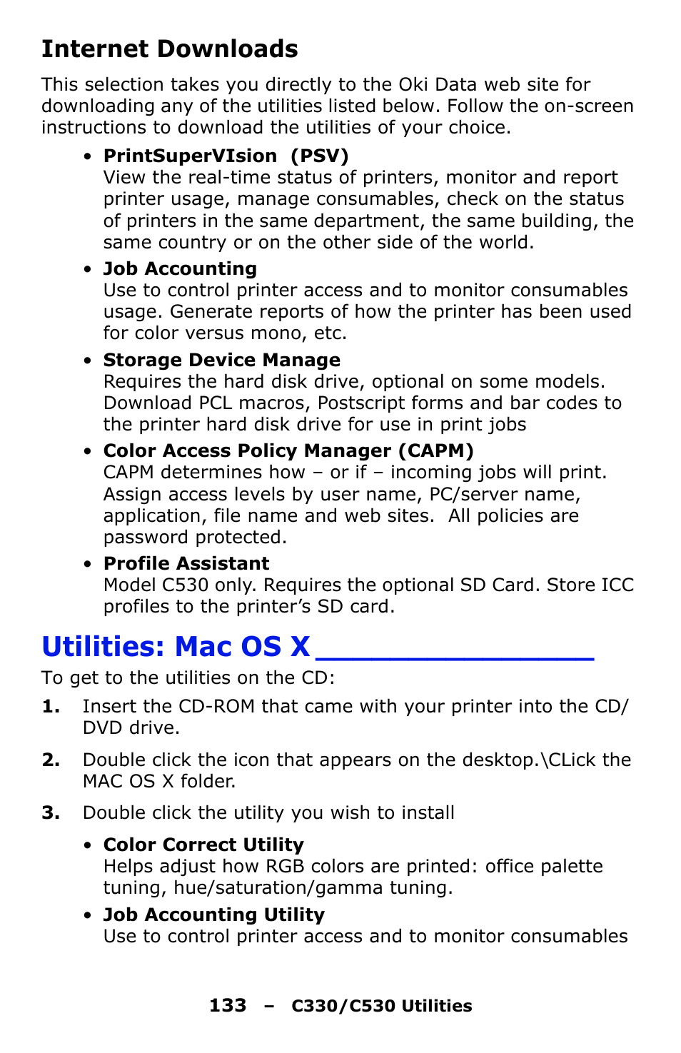 Internet downloads, Utilities: mac os x | Oki C330 User Manual | Page 133 / 135