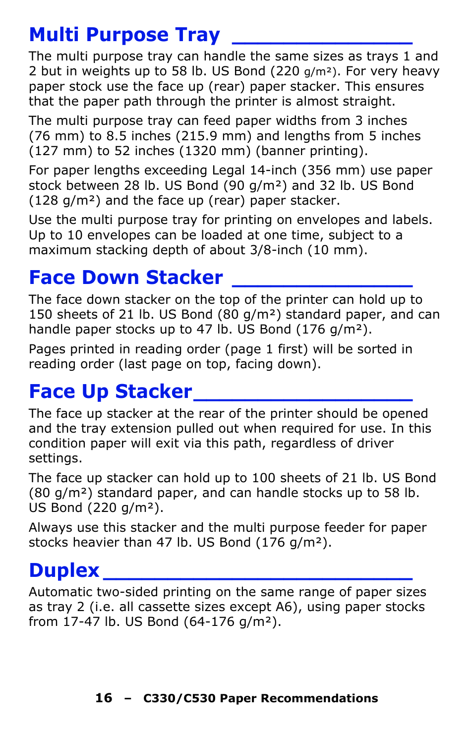 Multi purpose tray, Face down stacker, Face up stacker | Duplex | Oki C330 User Manual | Page 16 / 135