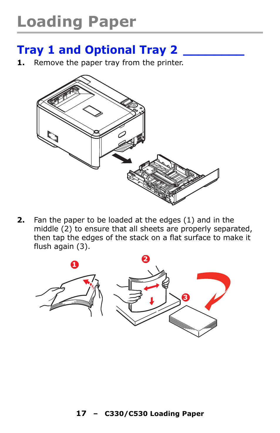 Loading paper, Tray 1 and optional tray 2 | Oki C330 User Manual | Page 17 / 135