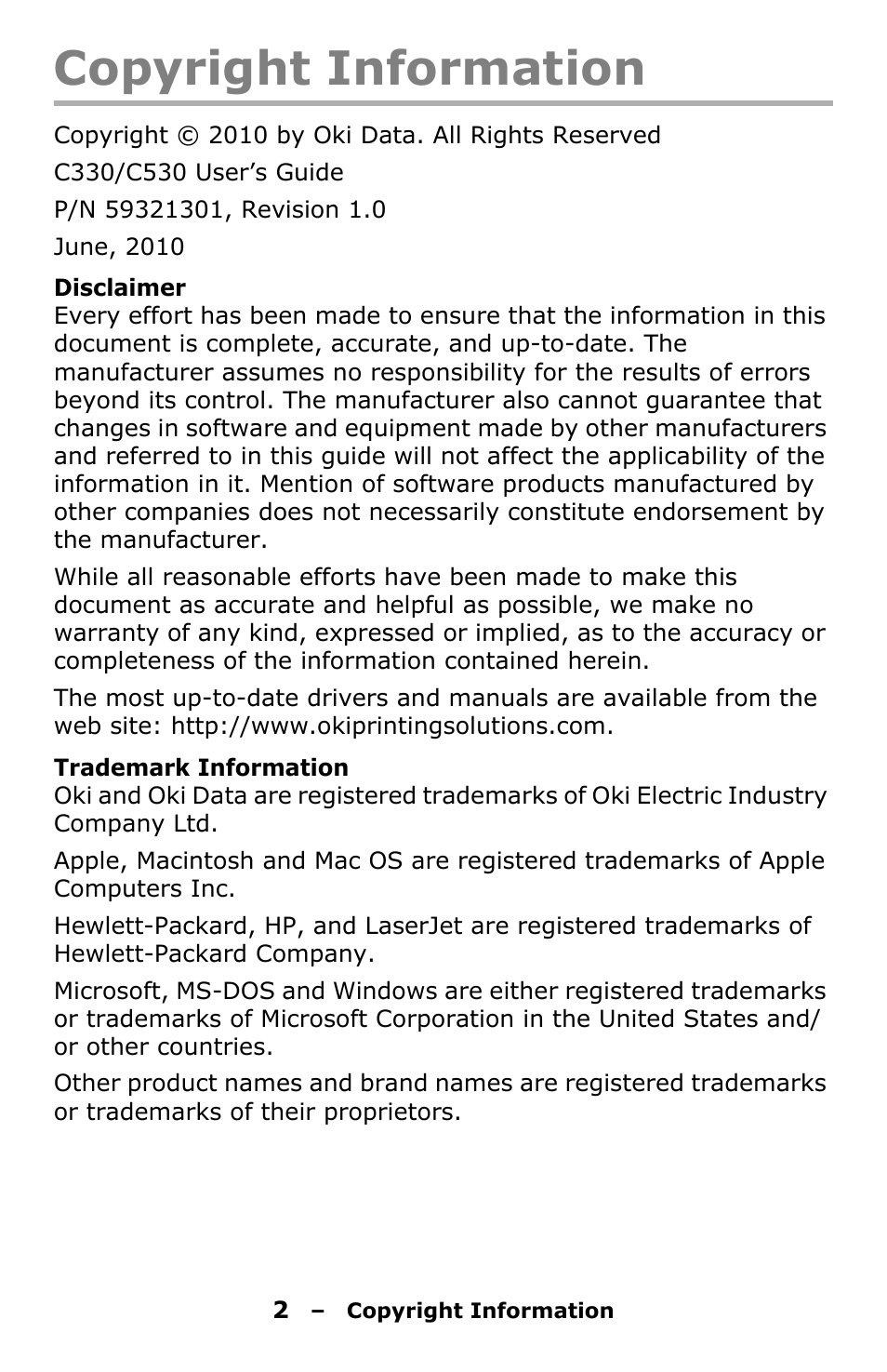 Copyright information | Oki C330 User Manual | Page 2 / 135