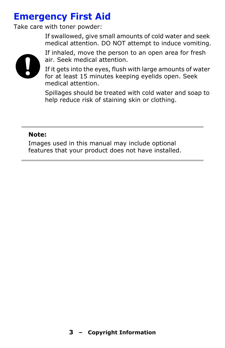 Emergency first aid | Oki C330 User Manual | Page 3 / 135