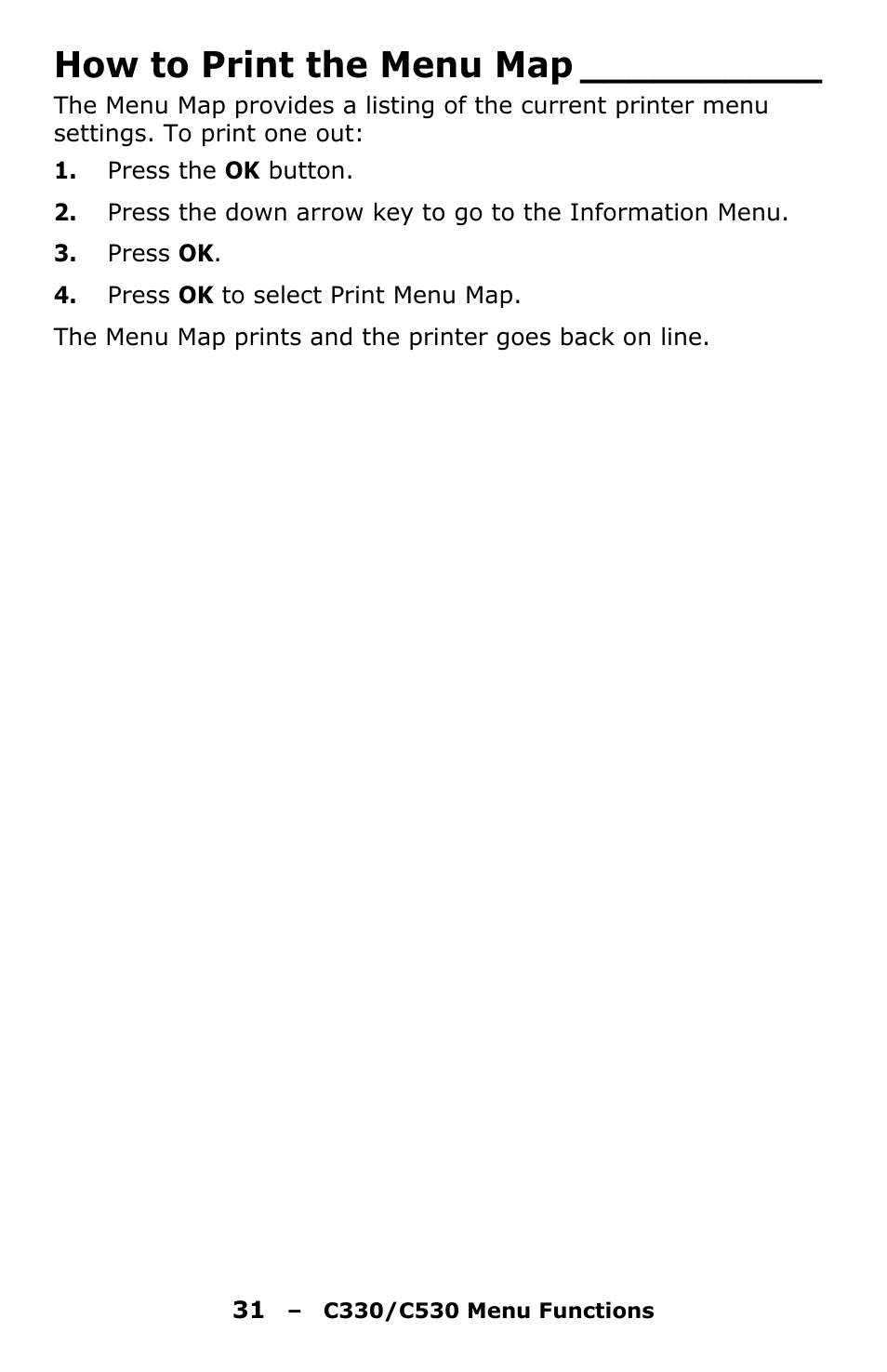 How to print the menu map | Oki C330 User Manual | Page 31 / 135