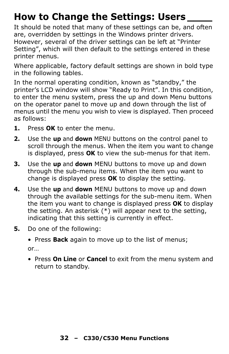 How to change the settings: users | Oki C330 User Manual | Page 32 / 135