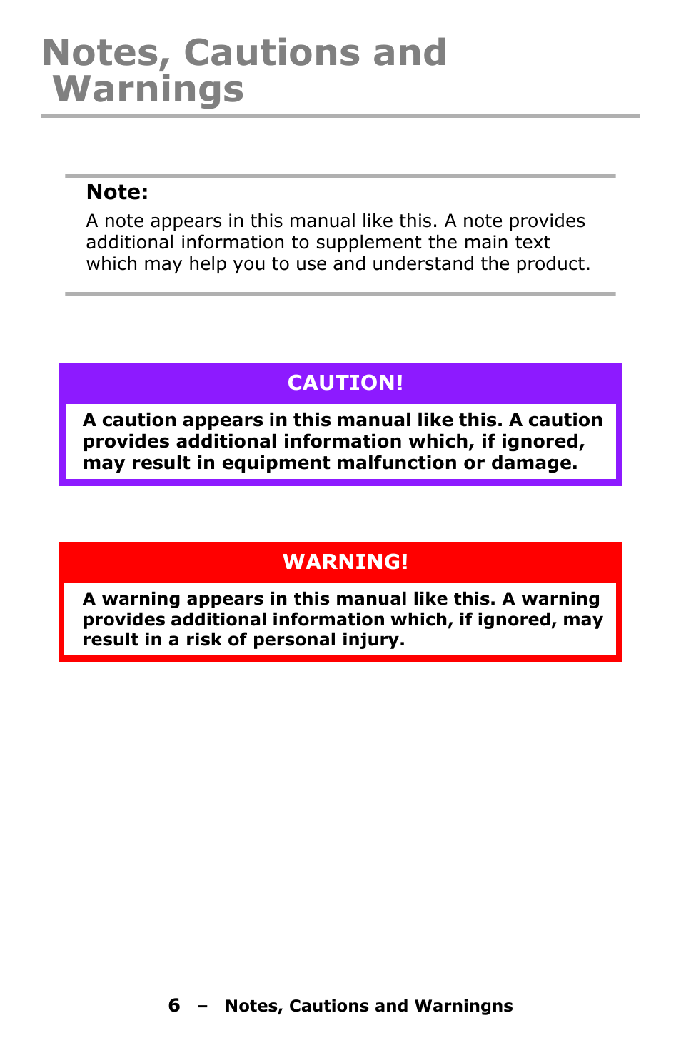 Notes, cautions and warnings | Oki C330 User Manual | Page 6 / 135