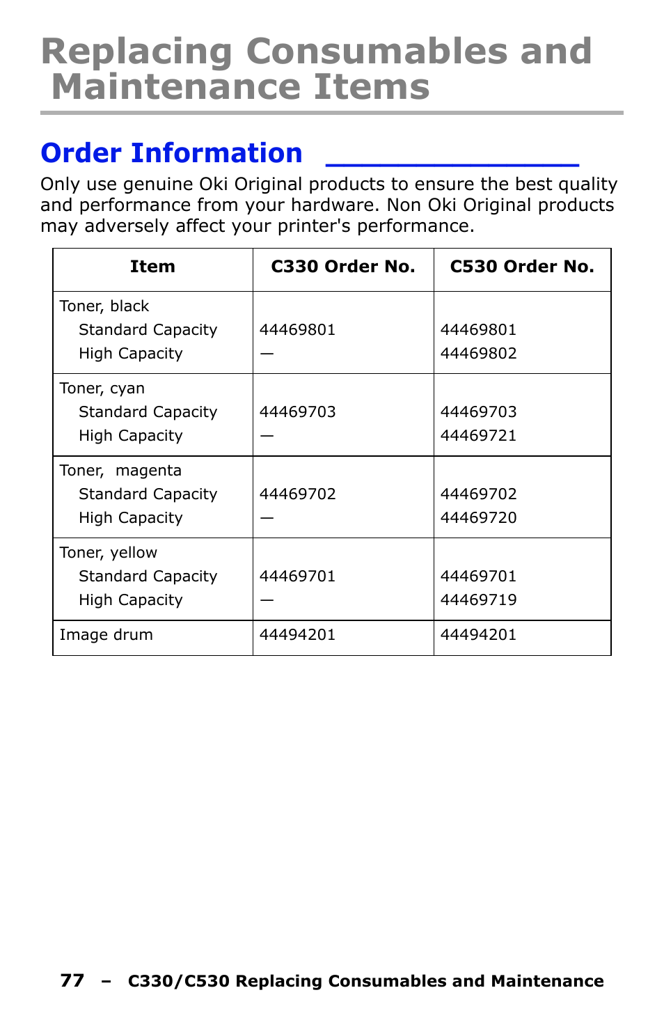 Replacing consumables and maintenance items, Order information | Oki C330 User Manual | Page 77 / 135