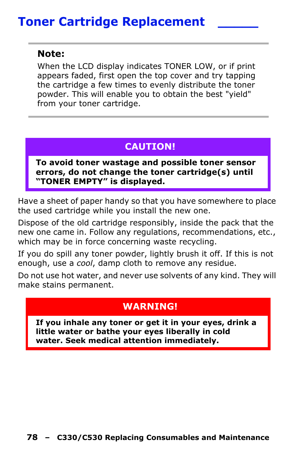 Toner cartridge replacement | Oki C330 User Manual | Page 78 / 135