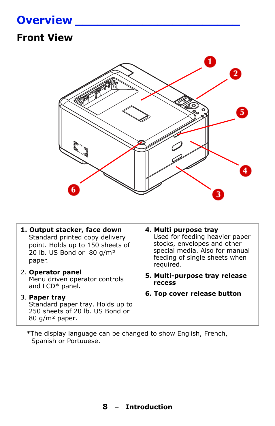Overview, Front view | Oki C330 User Manual | Page 8 / 135