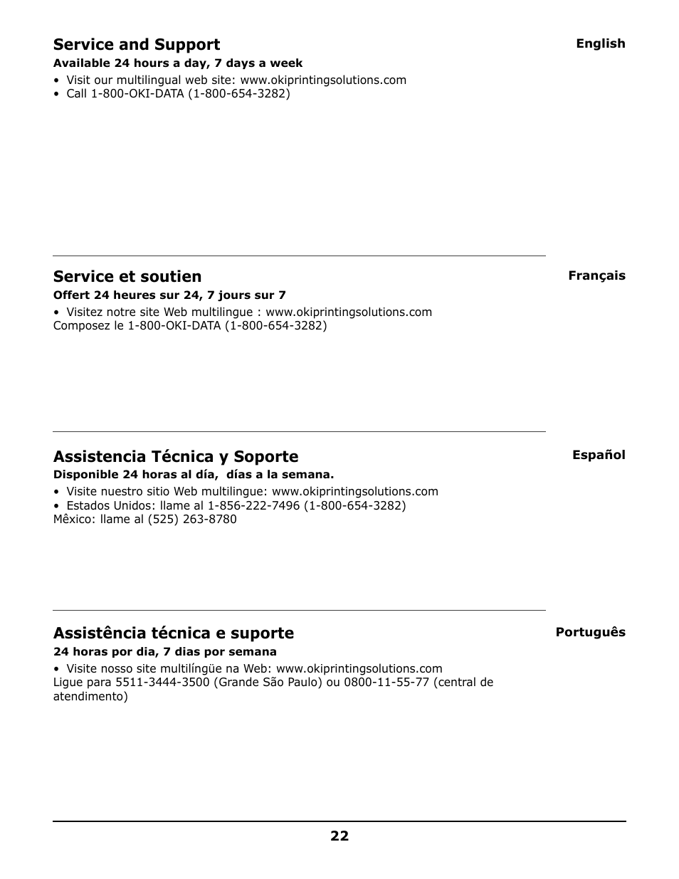 Service and support, Service et soutien, Assistencia técnica y soporte | Assistência técnica e suporte | Oki B 2200 User Manual | Page 22 / 24