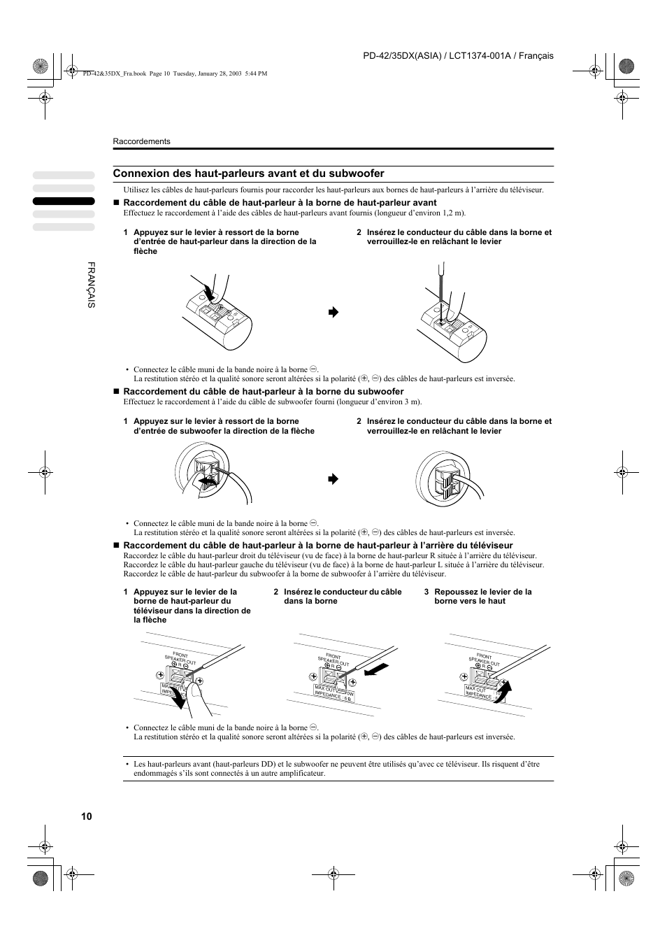 Connexion des haut-parleurs avant et du subwoofer | JVC PD-35DX User Manual | Page 100 / 225