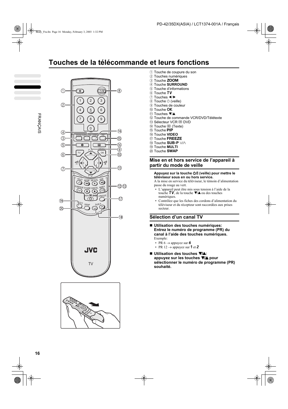 Touches de la télécommande et leurs fonctions, Sélection d’un canal tv | JVC PD-35DX User Manual | Page 106 / 225