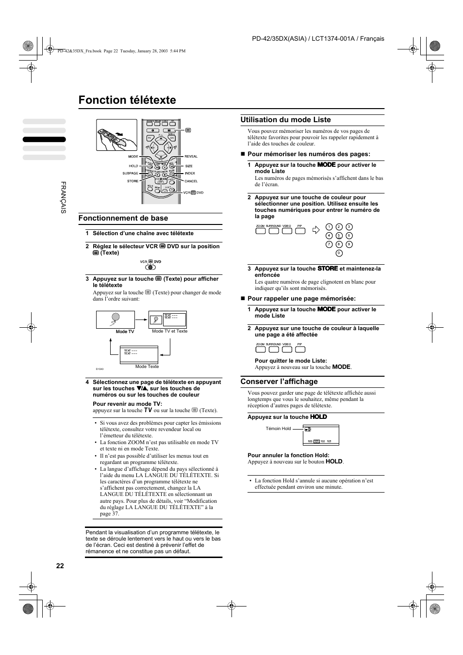 Fonction télétexte, Fonctionnement de base, Utilisation du mode liste | Conserver l’affichage, Pour mémoriser les numéros des pages, Pour rappeler une page mémorisée | JVC PD-35DX User Manual | Page 112 / 225