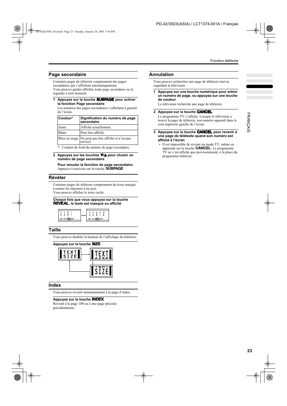 Page secondaire, Révéler, Taille | Index, Annulation | JVC PD-35DX User Manual | Page 113 / 225
