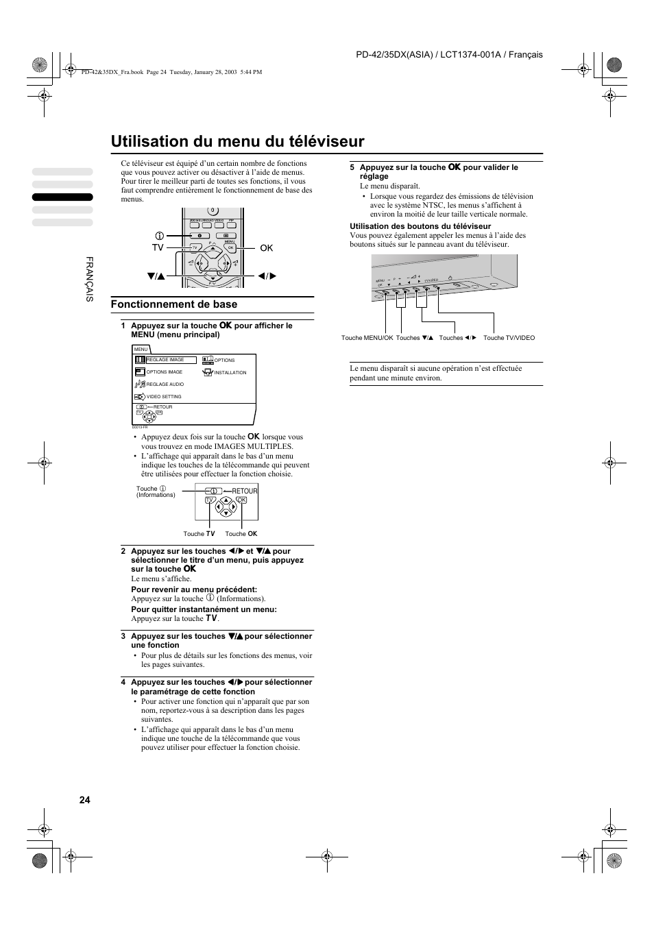 Utilisation du menu du téléviseur, Fonctionnement de base | JVC PD-35DX User Manual | Page 114 / 225