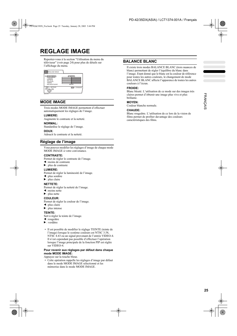 Reglage image, Mode image, Réglage de l’image | Balance blanc | JVC PD-35DX User Manual | Page 115 / 225