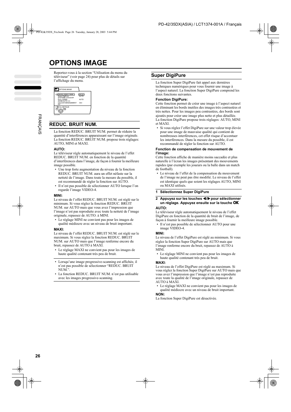 Options image, Reduc. bruit num, Super digipure | JVC PD-35DX User Manual | Page 116 / 225