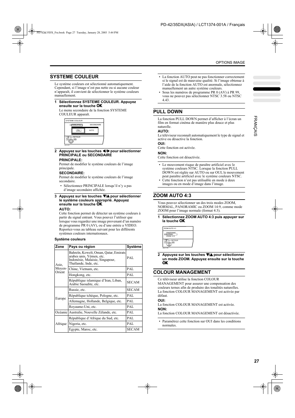 Systeme couleur, Pull down, Zoom auto 4:3 | Colour management | JVC PD-35DX User Manual | Page 117 / 225