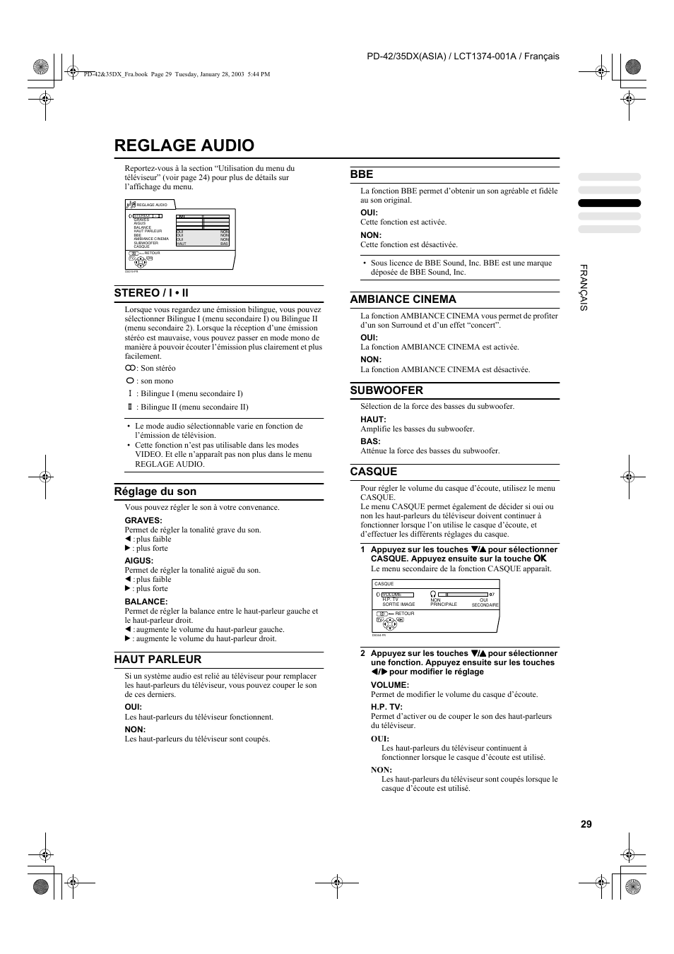 Reglage audio, Stereo / i • ii, Réglage du son | Haut parleur, Ambiance cinema, Subwoofer, Casque | JVC PD-35DX User Manual | Page 119 / 225