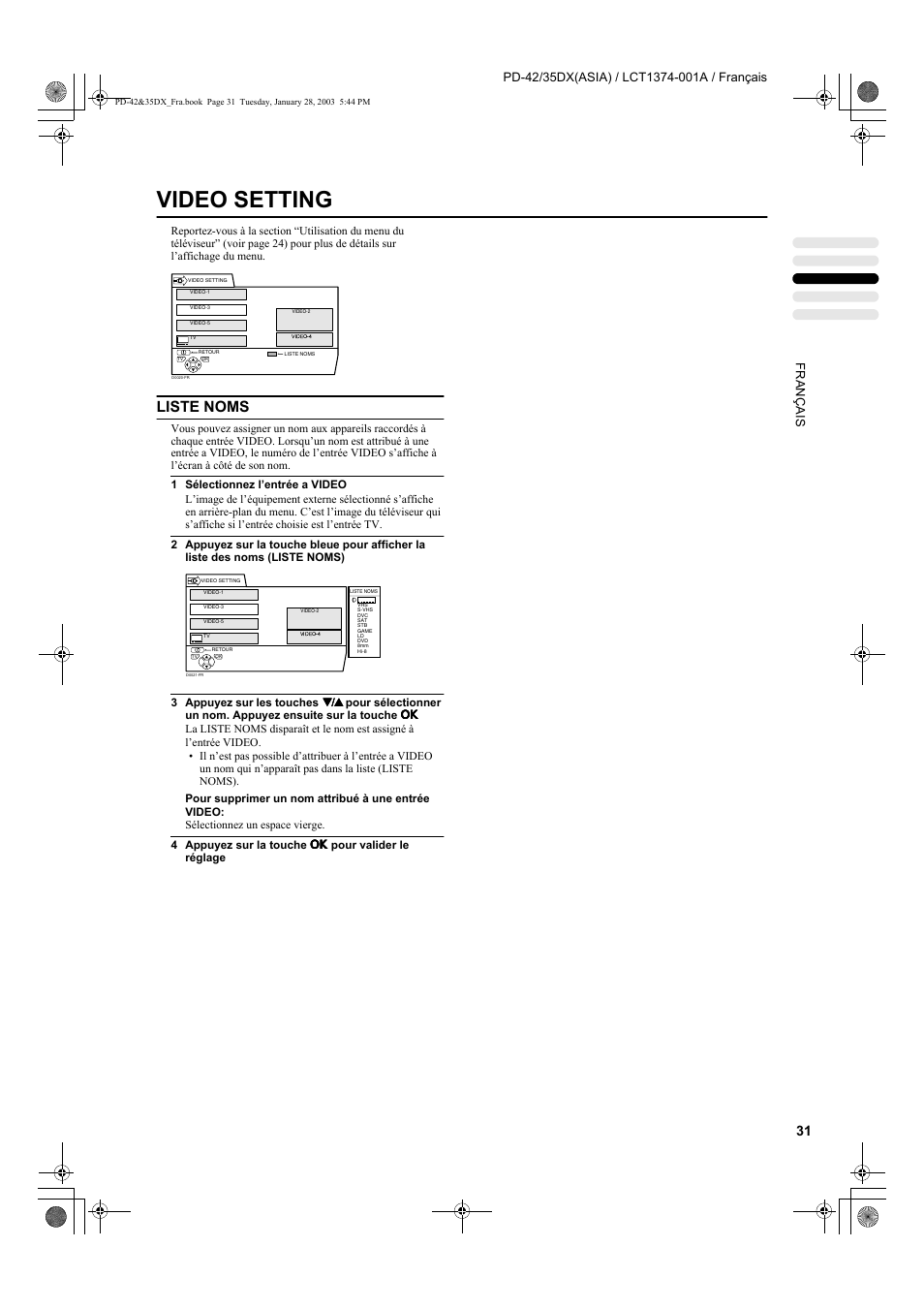 Video setting, Liste noms | JVC PD-35DX User Manual | Page 121 / 225