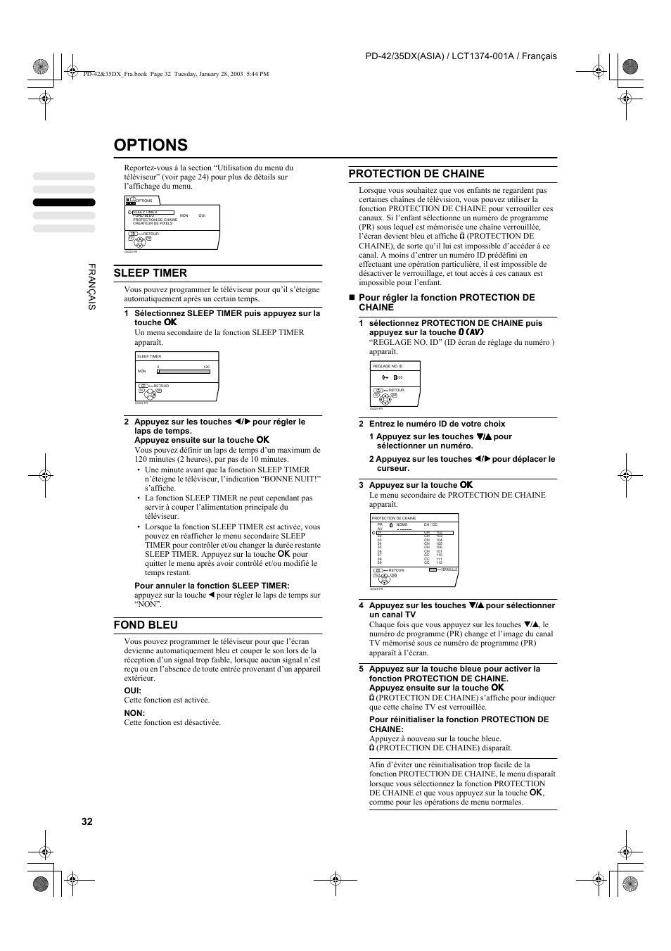 Options, Sleep timer, Fond bleu | Protection de chaine, Pour régler la fonction protection de chaine | JVC PD-35DX User Manual | Page 122 / 225