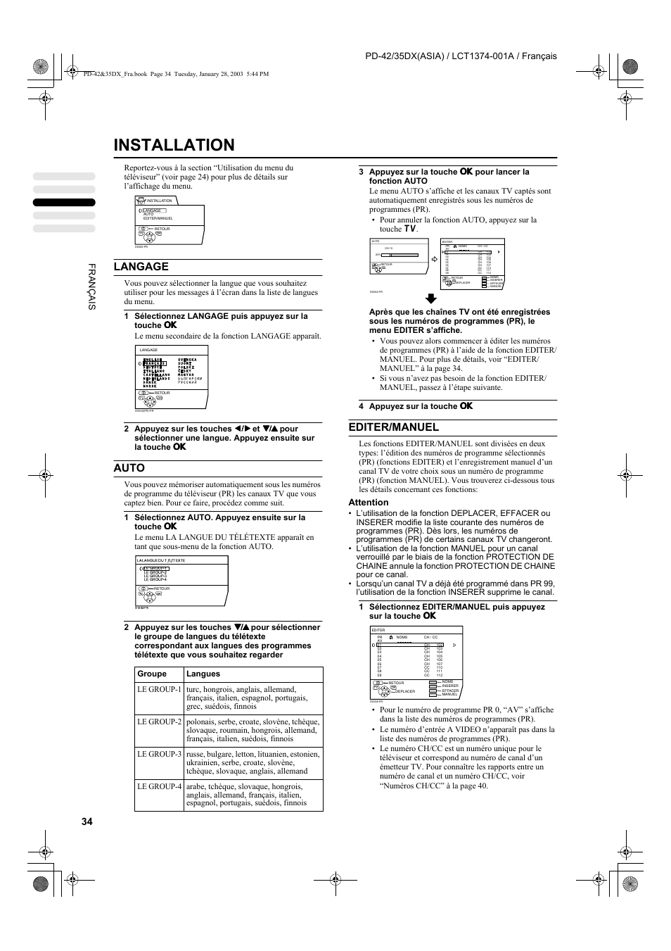 Installation, Langage, Auto | Editer/manuel, Attention | JVC PD-35DX User Manual | Page 124 / 225