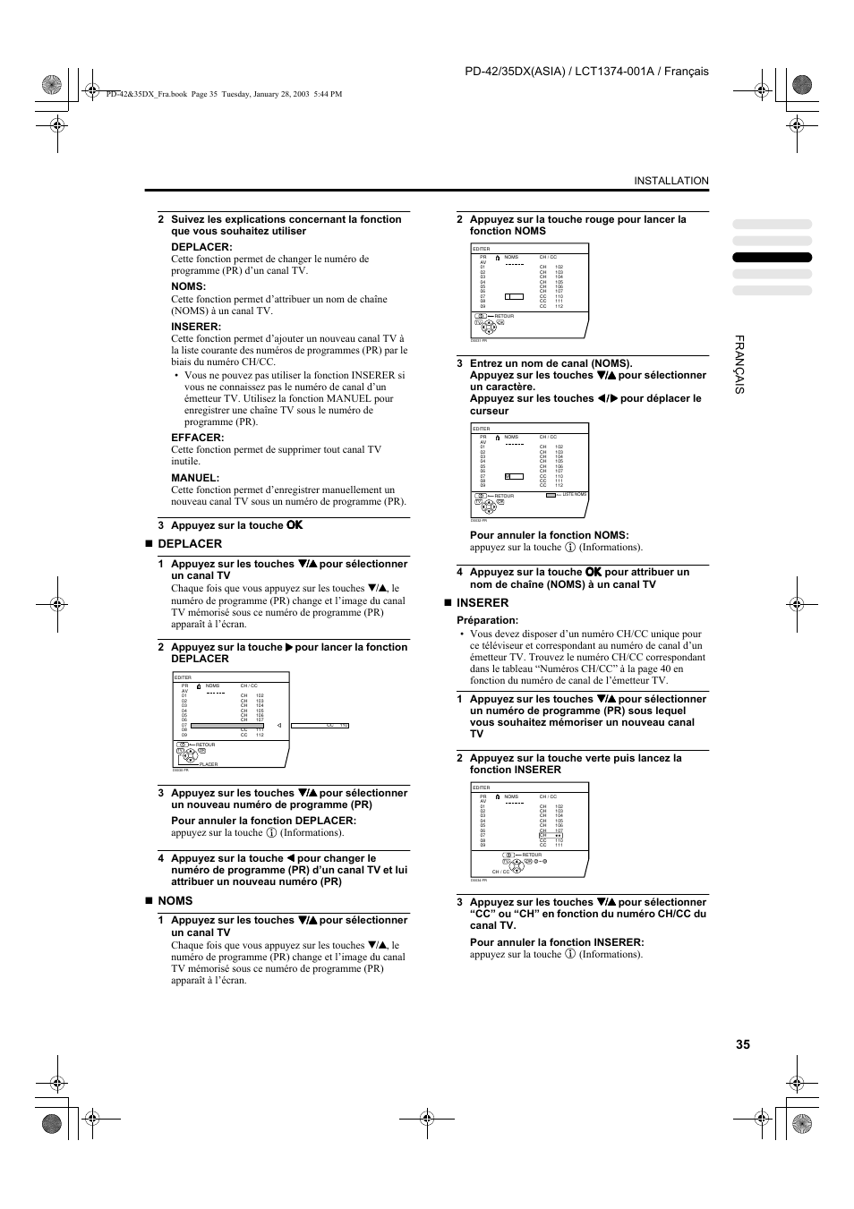 Deplacer, Noms, Inserer | JVC PD-35DX User Manual | Page 125 / 225