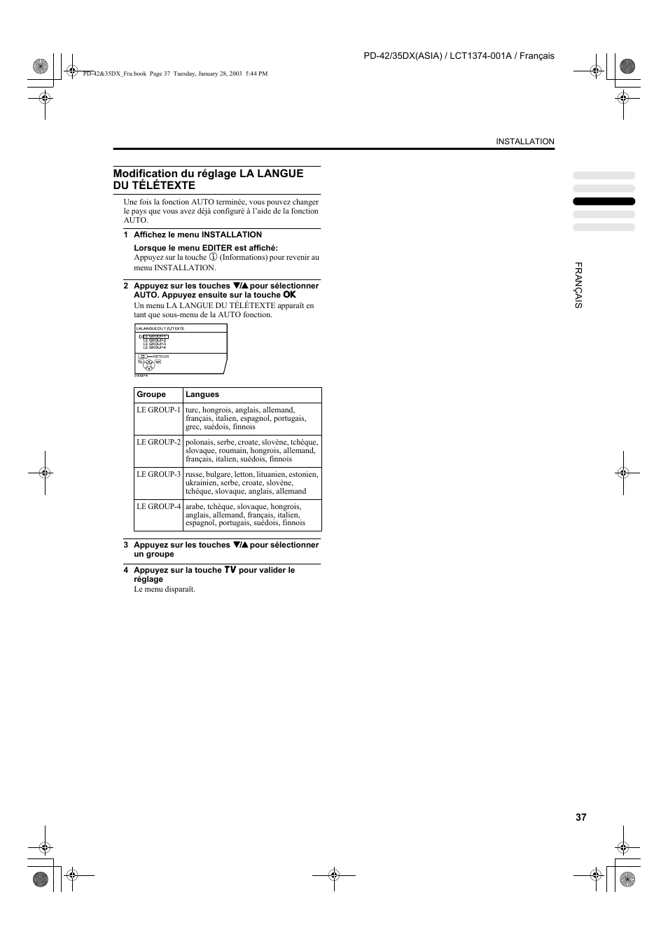 Modification du réglage la langue du télétexte | JVC PD-35DX User Manual | Page 127 / 225