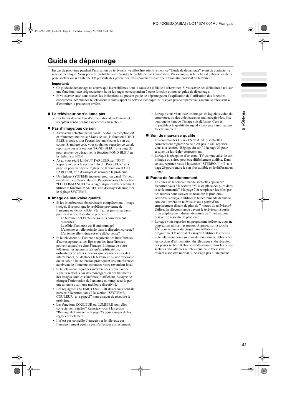 Guide de dépannage | JVC PD-35DX User Manual | Page 131 / 225