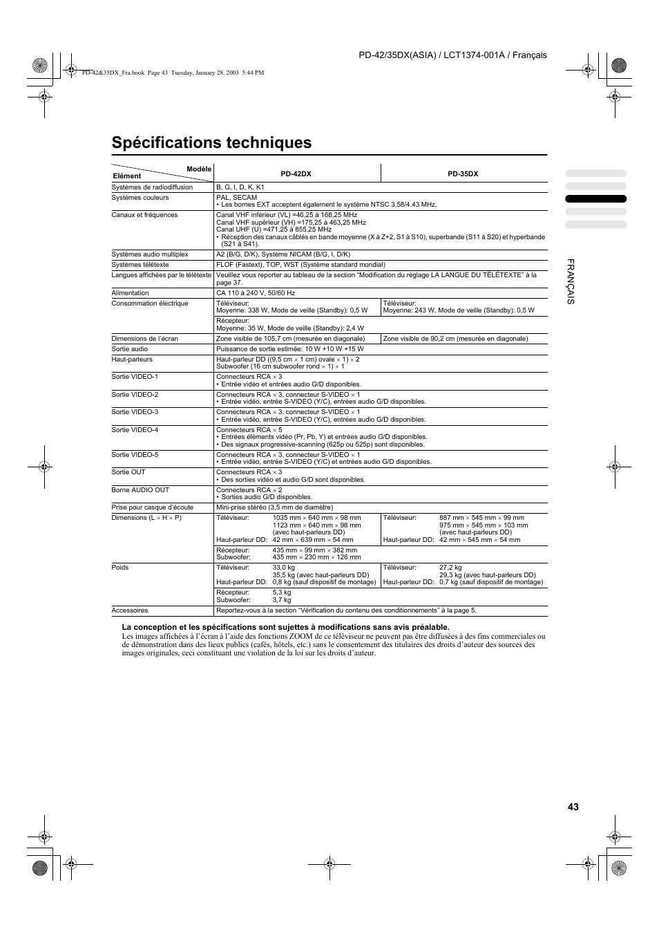 Spécifications techniques | JVC PD-35DX User Manual | Page 133 / 225