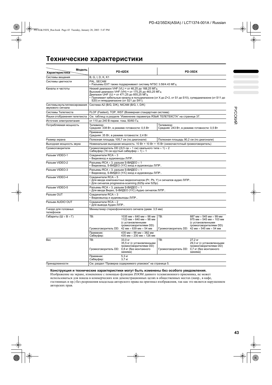 Технические характеристики | JVC PD-35DX User Manual | Page 45 / 225
